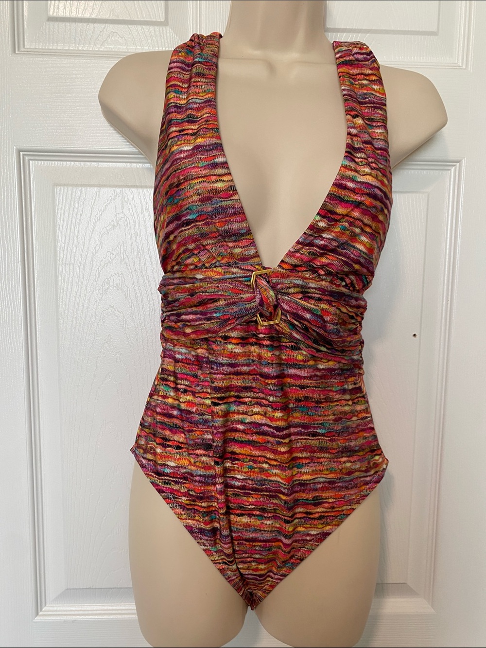 Sunshine 79! Multicolor Striped Criss Cross Back 1 Pc Swimsuit. W/Logo NWOT Sz M